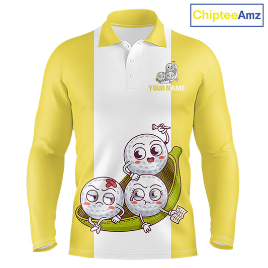 Mens Custom Yellow White Golf Team Polo Shirt, Funny Golf Ball Family Design, Matching Team Outfit NHT790