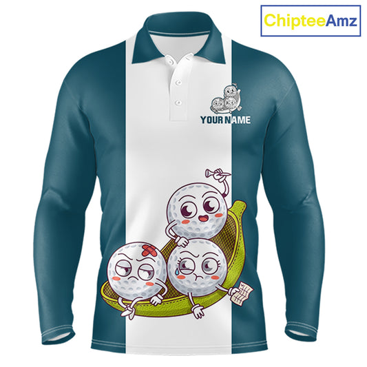 Mens Custom Blue Teal White Golf Team Polo Shirt, Funny Golf Ball Family Design, Matching Team Outfit NHT791