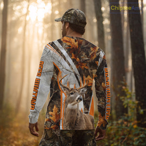 Whitetail Deer Hunting 3D All-Over Print Shirt with Deer Buck, Orange Camo for Deer Hunters NHT249