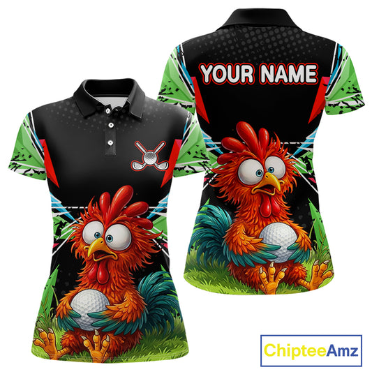 Personalized Crazy Rooster Golf Polo Shirt  Green Abstract Geometric Golf Apparel for Womens