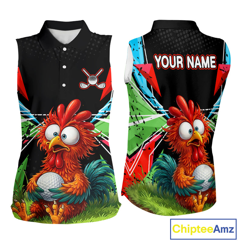 Personalized Crazy Rooster Womens Sleeveless Golf Polo Shirt  Green Abstract Geometric Golf Apparel for Womens