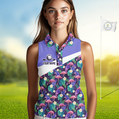 Purple Flamingo Tropical Pattern Womens Sleeveless Golf Polo Shirt Custom Golf Shirts For Golfer NHT584