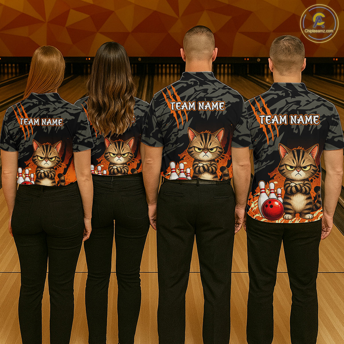 Funny Cat Bowling Shirt Custom Name Black Camo Orange Personalized Team Jersey For Women NHT1265