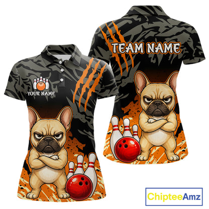 Custom short-sleeve polo shirt shown from front and back, featuring a cartoon French bulldog with crossed arms and bowling balls on a black-and-orange graphic background. The shirt includes placeholder text 'YOUR NAME' and 'TEAM NAME', with a ChipteeAmz logo in the bottom right corner.