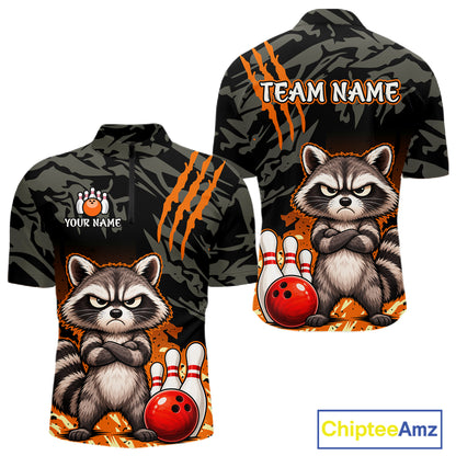 Custom short-sleeve bowling t-shirt shown from both front and back views. The shirt features a dark camouflage pattern with orange claw marks and a cartoon raccoon holding a red bowling ball with bowling pins.