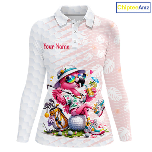 Funny Flamingo Golf Shirt With Pattern Pink Tropical – Personalized Name & Team Custom Polo For Womens NHT597