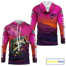Load image into Gallery viewer, Custom Name Hot Pink Bass Fishing Jersey - Personalized 3D Long Sleeve Hooded Fishing Shirt For Men
