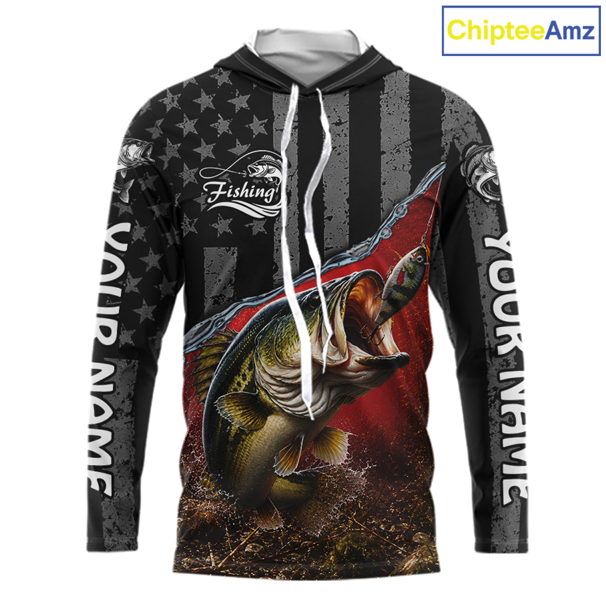 Gray Red Bass Custom Long Sleeve Hooded Fishing Shirts, Bass Fishing Jerseys