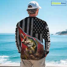 Load image into Gallery viewer, Gray Red Bass Custom Long Sleeve Fishing Shirts, American Flag Patriotic Bass Fishing Jerseys NHT972