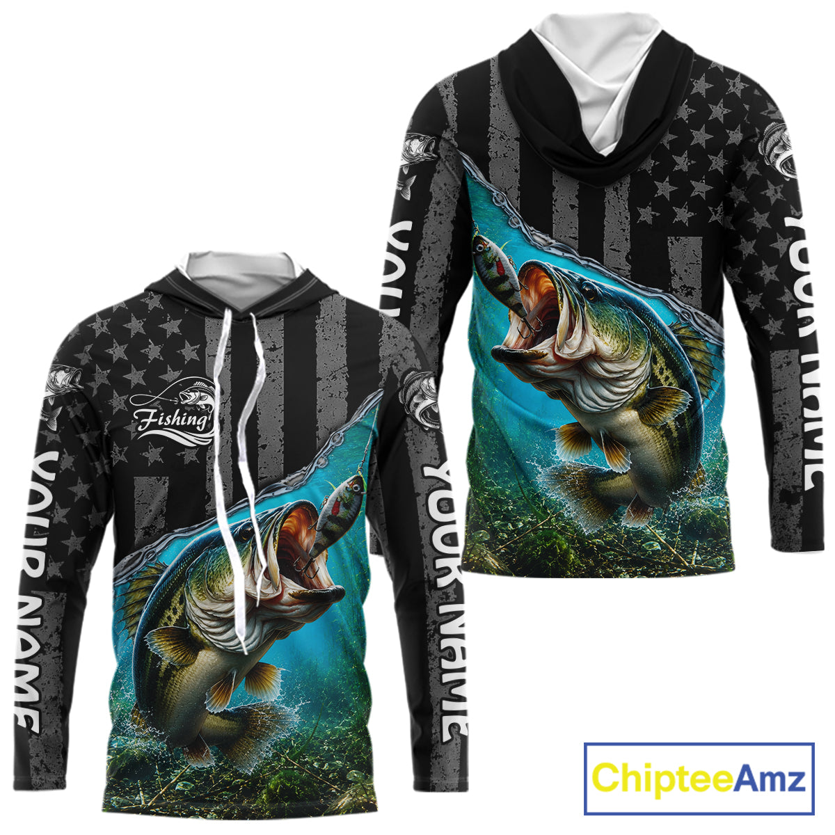 Gray Blue Bass Custom Long Sleeve Hooded Fishing Shirts, Bass Fishing Jerseys
