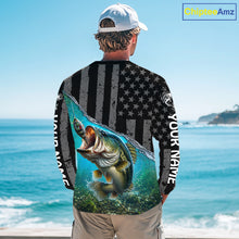 Load image into Gallery viewer, Gray Blue Bass Custom Long Sleeve Fishing Shirt, American Flag Patriotic Bass Fishing Jerseys NHT973
