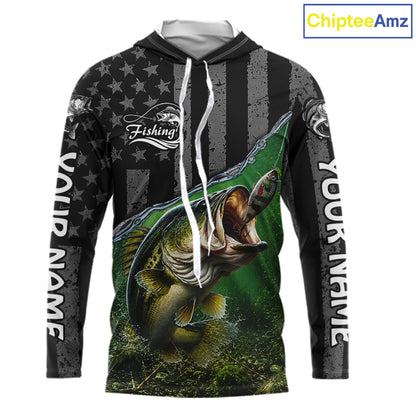Gray Green Bass Custom Long Sleeve Hooded Fishing Shirts, Bass Fishing Jerseys