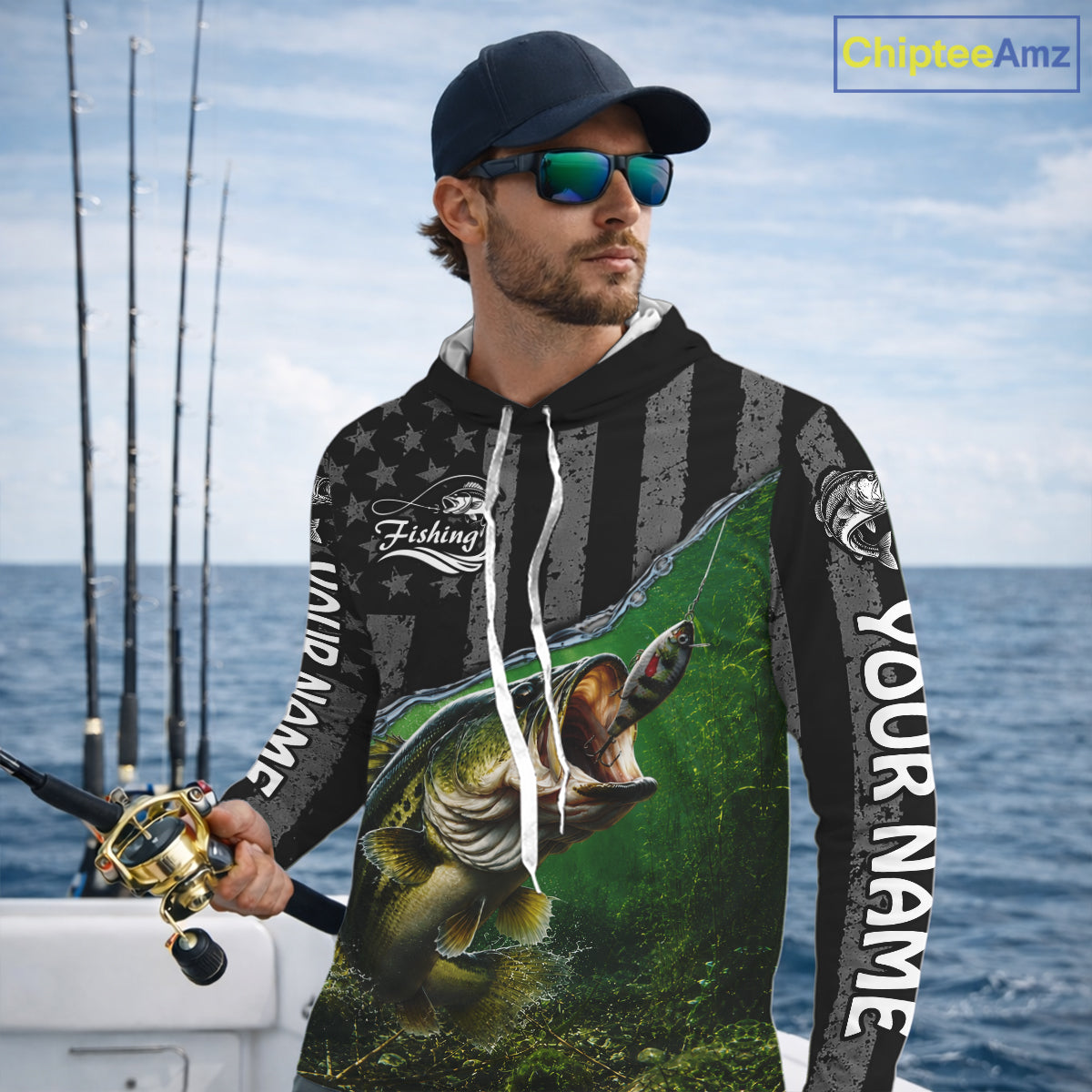 Gray Green Bass Custom Long Sleeve Hooded Fishing Shirt, American Flag Patriotic Bass Fishing Jersey NHT974