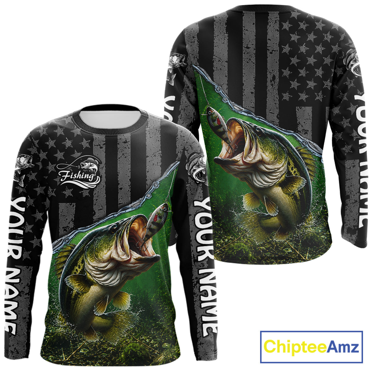 Gray Green Bass Custom Long Sleeve Fishing Shirts, Bass Fishing Jerseys