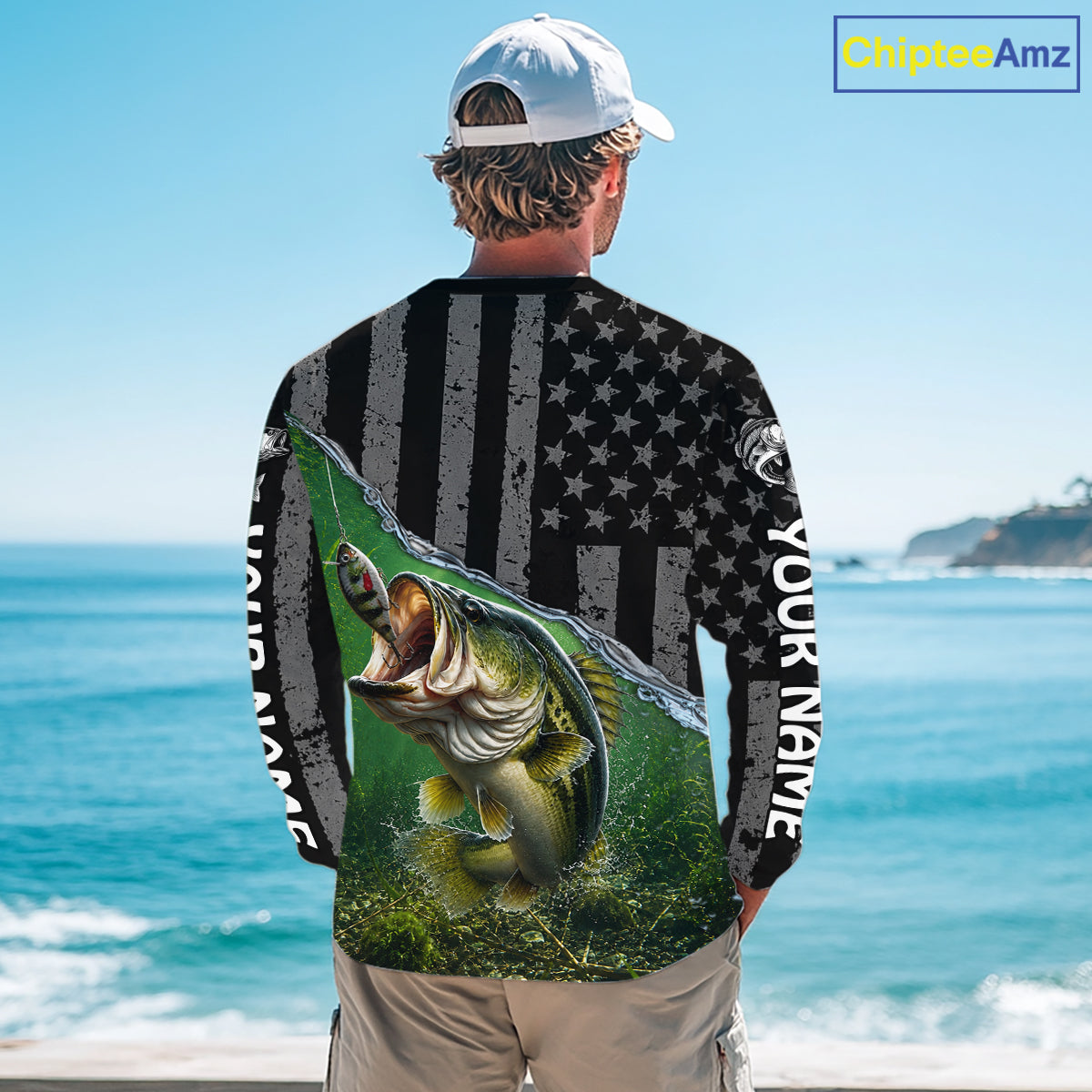 Gray Green Bass Custom Long Sleeve Fishing Shirt, American Flag Patriotic Bass Fishing Jersey NHT974