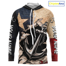 Load image into Gallery viewer, Patriotic Anchor Fishing Shirts Long Sleeve Hooded – Texas Flag Vintage Anchor Fisherman Shirt NHT610