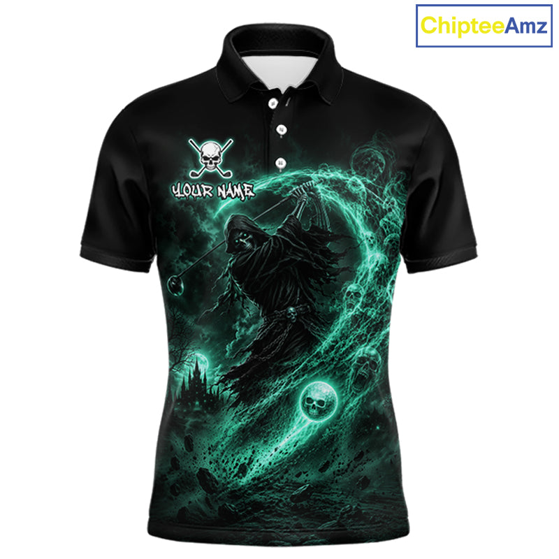 Green Grim Reaper Mens Golf Polo Shirt – Personalized Team Name Gothic Golf Jersey 