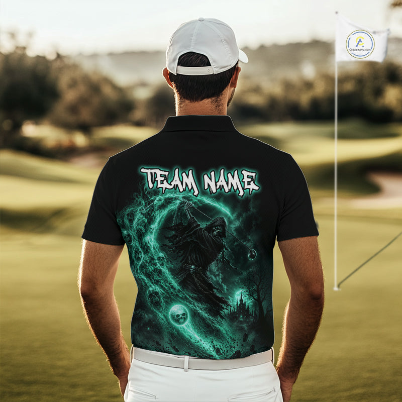 Man wearing a black polo shirt with a green graphic and 'Team Name' text on the back, standing on a golf course.