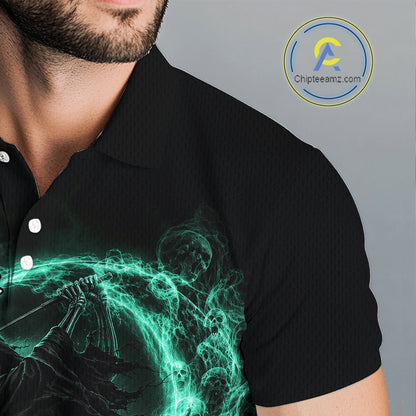 Black polo shirt with a green and black design on a gray background