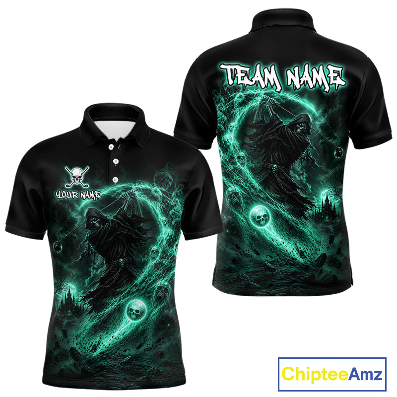 Black polo shirt with green and black design on front and back, featuring a ghost and moon, with 'Chiptee Amz' branding.