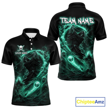 Black polo shirt with green and black design on front and back, featuring a ghost and moon, with 'Chiptee Amz' branding.