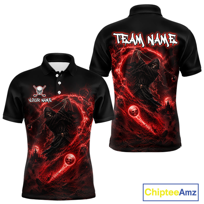 Black polo shirt with red and black design on front and back, featuring a logo and text.