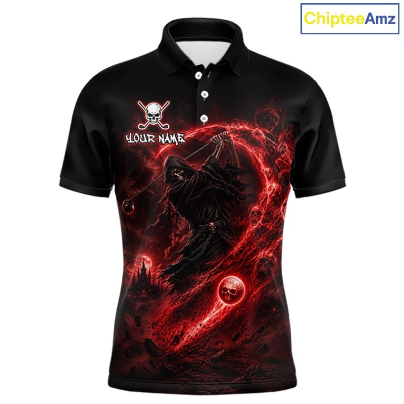 Red Grim Reaper Mens Golf Polo Shirt – Personalized Team Name Gothic Golf Jersey 