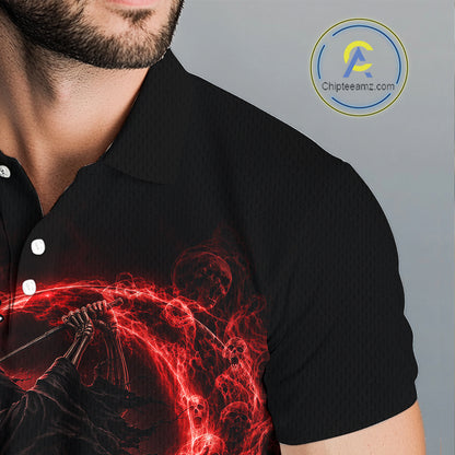 Black polo shirt with a red and black design on a gray background