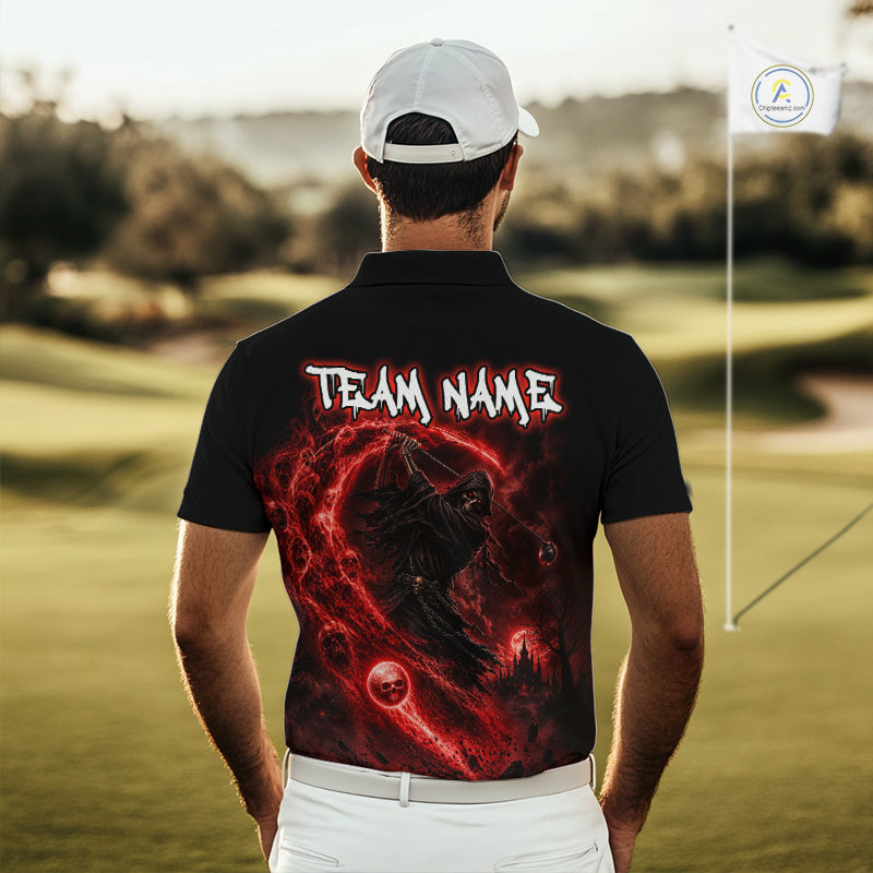 Man wearing a black polo shirt with red graphics and 'TEAM NAME' text on a golf course.
