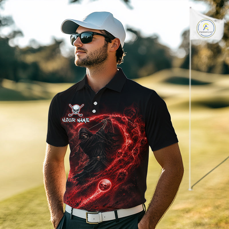Man wearing a black polo shirt with a red graphic design on a golf course