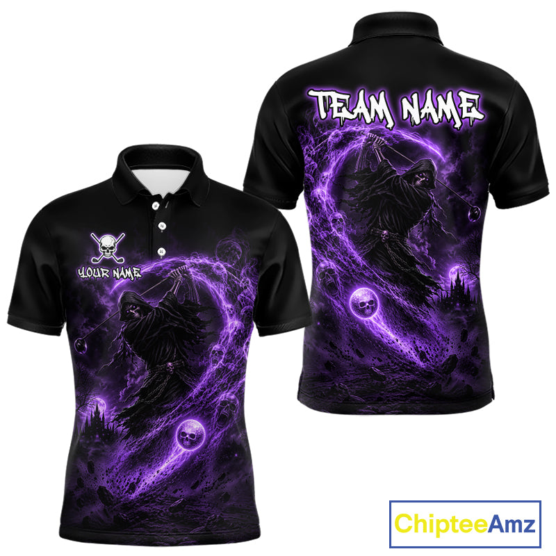 Black polo shirt with purple graphic design and 'Team Name' text on a white background