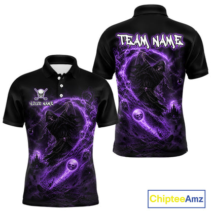 Black polo shirt with purple graphic design and 'Team Name' text on a white background