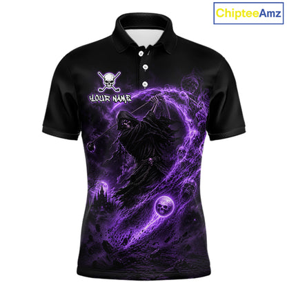 Purple Grim Reaper Mens Golf Polo Shirt – Personalized Team Name Gothic Golf Jersey 