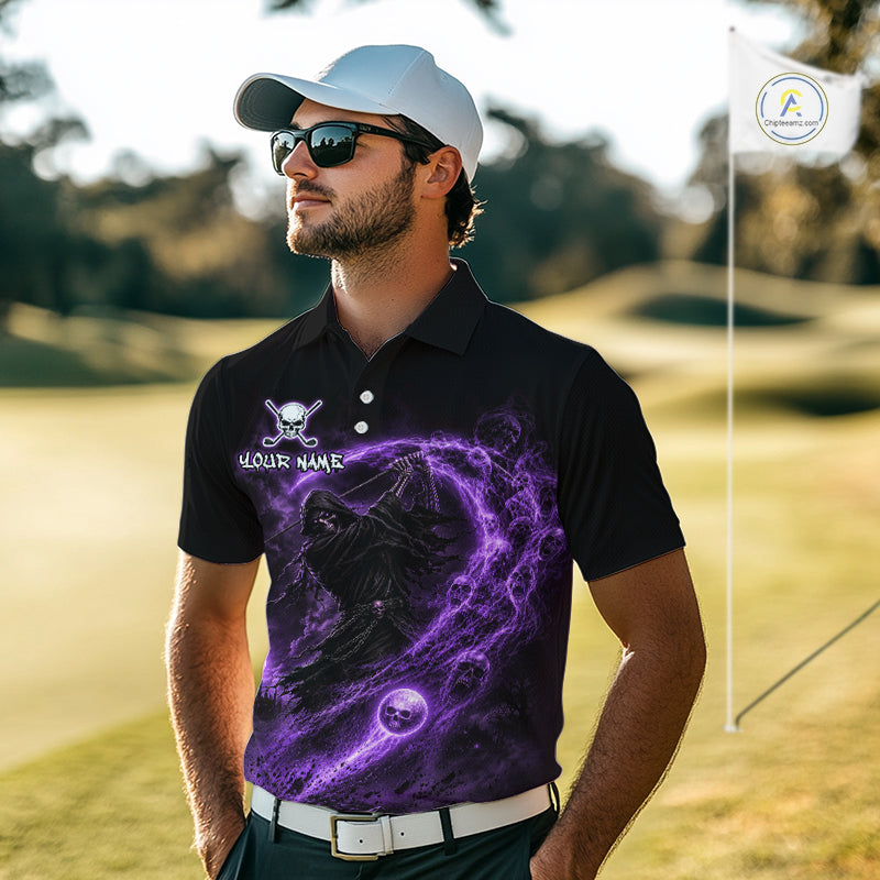 Man wearing a black golf shirt with a purple graphic design on a golf course
