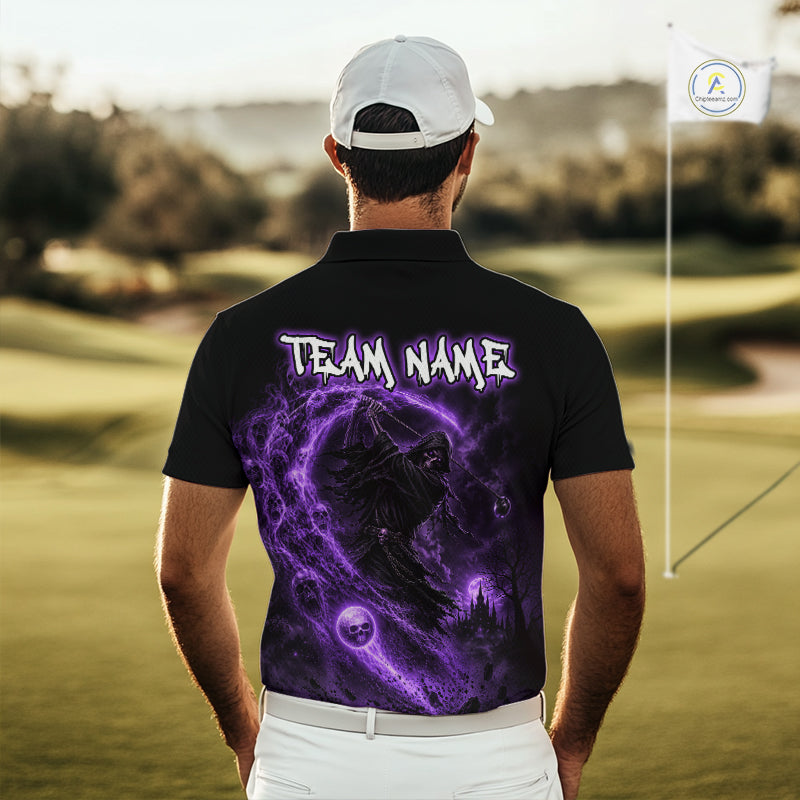 Man wearing a black polo shirt with purple graphic design and 'TEAM NAME' text on a golf course.