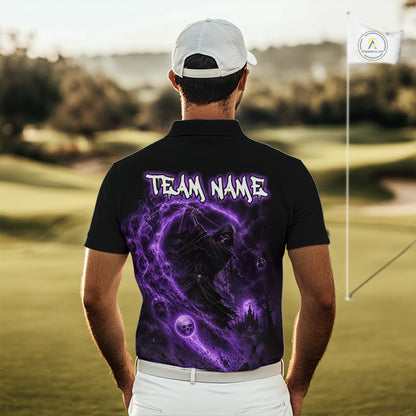 Man wearing a black polo shirt with purple graphic design and 'TEAM NAME' text on a golf course.