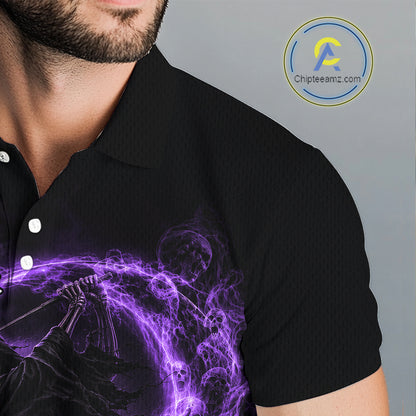 Black polo shirt with a purple graphic design on a gray background