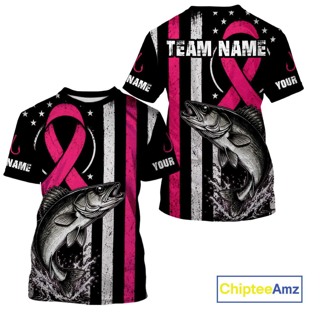 Two views of a customizable short-sleeve t-shirt with a black and white distressed American flag design, a large pink awareness ribbon, a fish graphic, and placeholder text 'TEAM NAME' and 'NAME'.