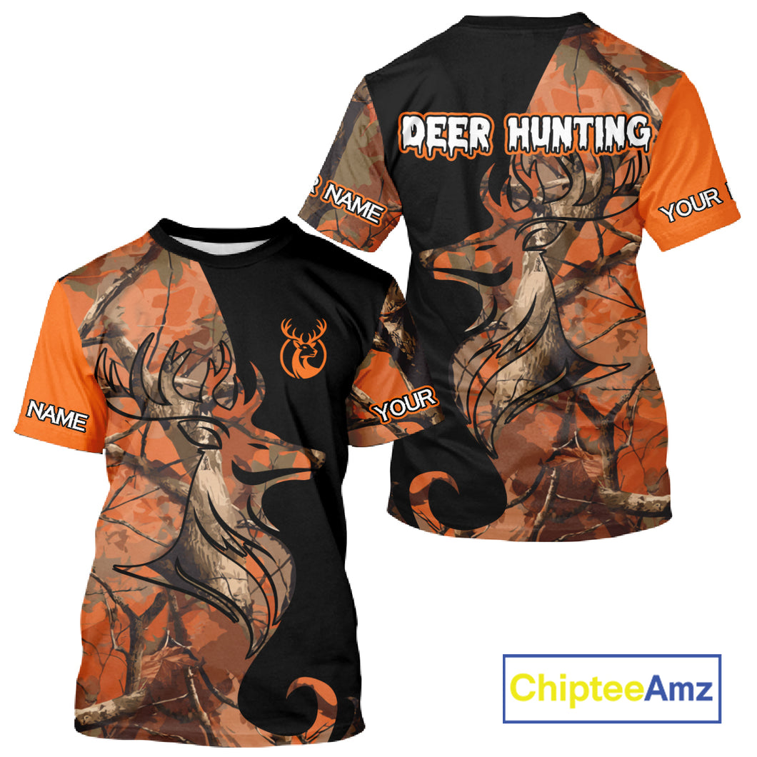 Deer Hunting Big Game Black Camo Orange Custom Name 3D All Over Print Shirts, Hunting Gift NHT267