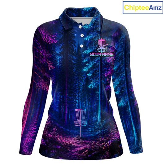 Womens Disc Golf Polo Shirt Custom Forest Neon Disc Golf Basket, Personalized Disc Golf Shirts NHT837