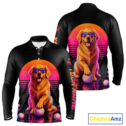 Personalized Golden Retriever Mens Golf Polo Shirt – Vintage Neon Golf Design