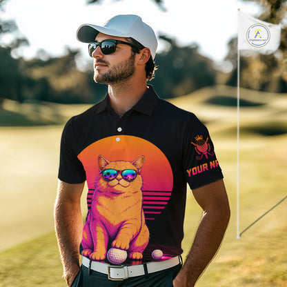 Personalized Funny Cat Mens Golf Polo Shirt – Vintage Neon Golf Design