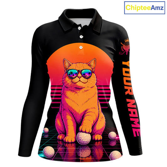 Personalized Funny Cat Womens Golf Polo Shirt – Vintage Neon Golf Design