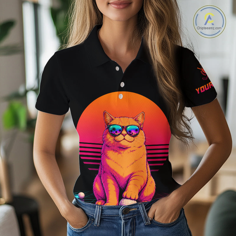 Personalized Funny Cat Womens Golf Polo Shirt – Vintage Neon Golf Design