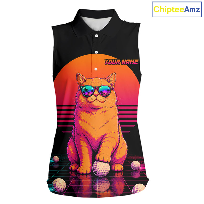 Personalized Funny Cat Womens Sleeveless Golf Polo Shirt – Vintage Neon Golf Design NHT992