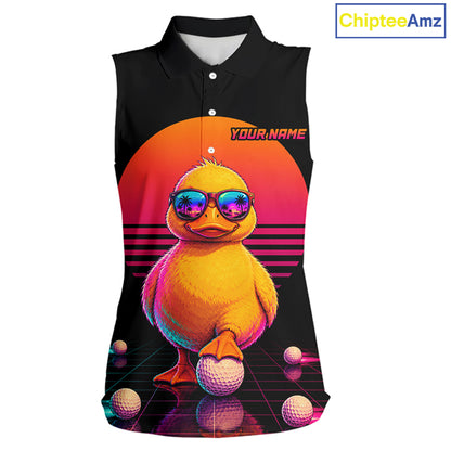 Personalized Funny Duck Cool Womens Sleeveless Golf Polo Shirt – Vintage Neon Golf Design NHT993