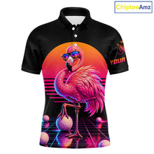 Load image into Gallery viewer, Personalized Funny Flamingo Mens Golf Polo Shirt – Vintage Neon Golf Design