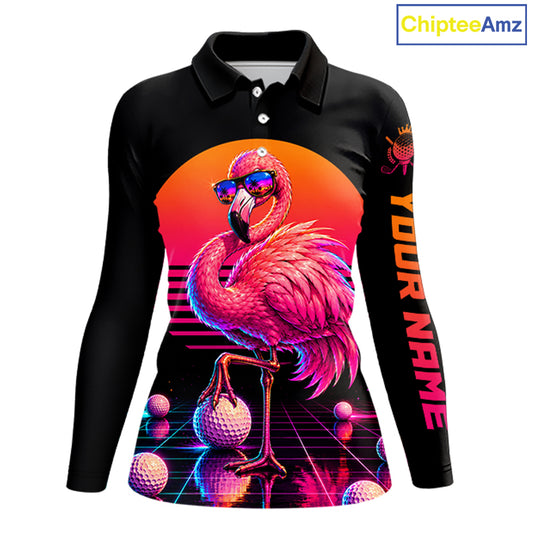 Personalized Funny Flamingo Womens Golf Polo Shirt – Vintage Neon Golf Design