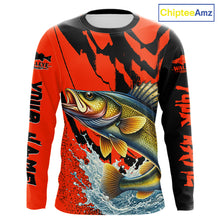 Load image into Gallery viewer, Orange Camo Walleye Fishing Custom Performance Long Sleeve, Walleye Fishing Jersey NHT432