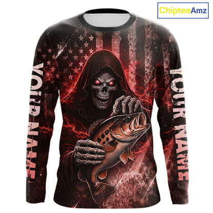 Custom Team Name Grim Reaper Bass Fishing With American Flag - Patriotic Bass Fishing Jersey|Red NHT629